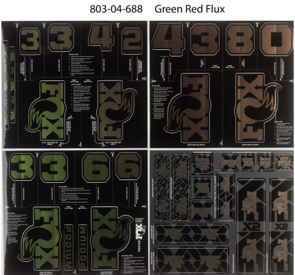 NÁLEPKY FOX NA VIDLICI A TLUMIČ CUSTOM 2027 VELKÁ SADA zeleno červená chameleon